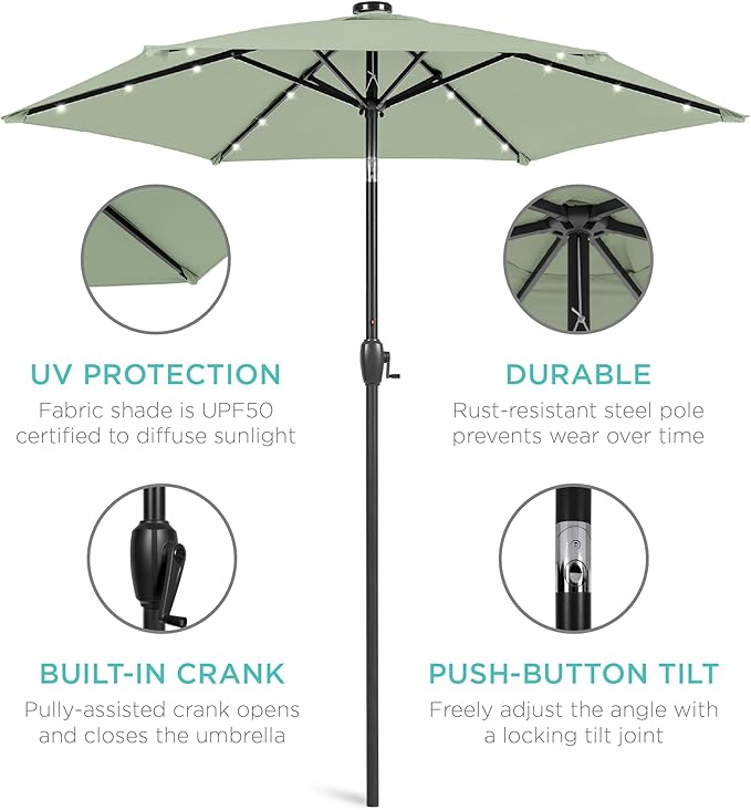 Best Choice Products 7.5ft Outdoor Solar Market Table Patio Umbrella for Deck, Pool w/Tilt, Crank, LED Lights - Sage Green