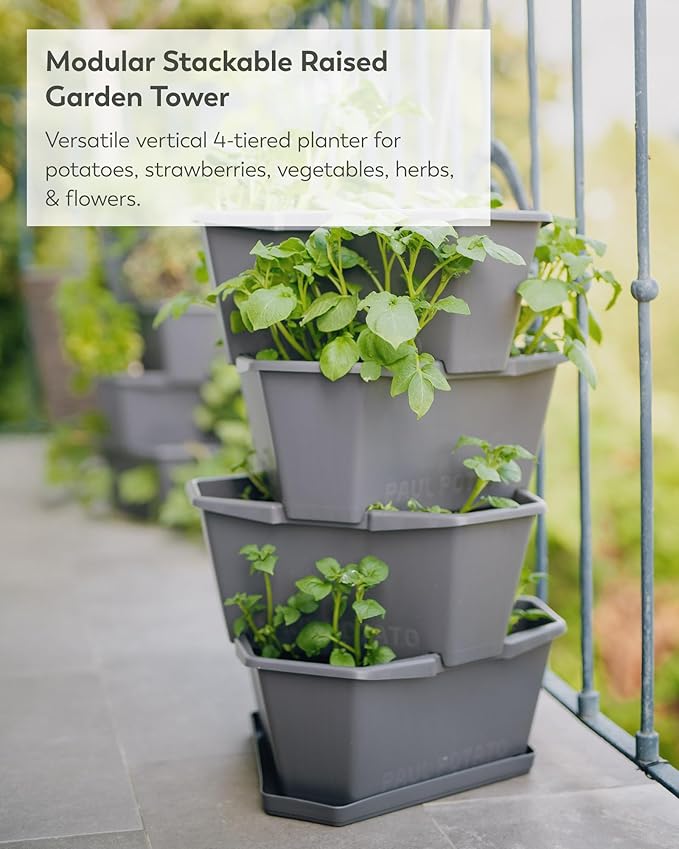 BUZZY Seeds Starter Stackable Vertical Planter – 4-Level Raised Garden Tower for Potatoes, Strawberries, Vegetables & Flowers (Gray)