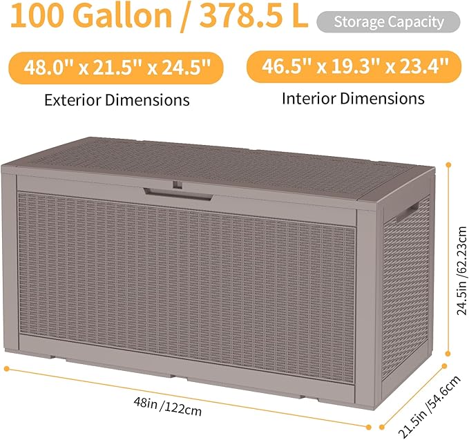 DRATO 100 Gallon Large Deck Box, Outdoor Storage Box for Patio Furniture, Patio Cushions, Gardening Tools, Pool Supplies,660lbs Weight Capacity,Waterproof Resin Storage Boxes（Gray，100 Gallon）