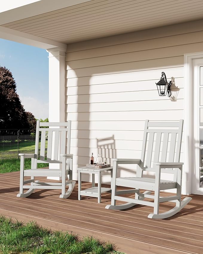 GarveeLife Poly Lumber Rocking Chair Outdoor - HDPE High Back Porch Rocker Chairs for Adults - All Weather Resistant Furniture for Patio - White