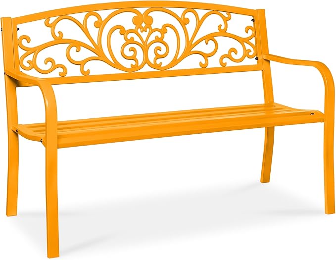 Best Choice Products Outdoor Bench Steel Garden Patio Porch Furniture for Lawn, Park, Deck w/Floral Design Backrest, Slatted Seat - Marigold