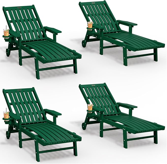Patio Chaise Lounge Chair Set of 4, Oversized Lounge Chair Outdoor with 5 Positions, HDPE, Patio Lounge Chair with Wheels & Cup Holder for Pool, Deck, Poolside,Green