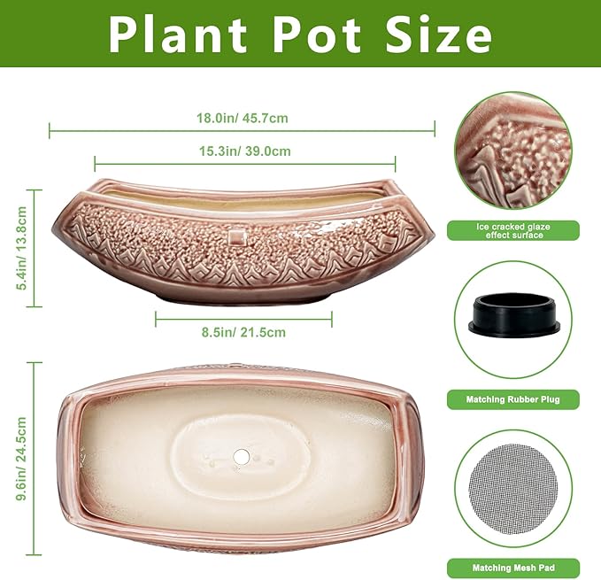 Large Bonsai Pots - 18 Inch Ceramic Succulent Pots with Drainage Hole, Bonsai Planter for Indoor Outdoor Plants, Ceramic Flower Pot, Decorative Plant Pot, Home Decor, Birthday Gifts, Red-Brown