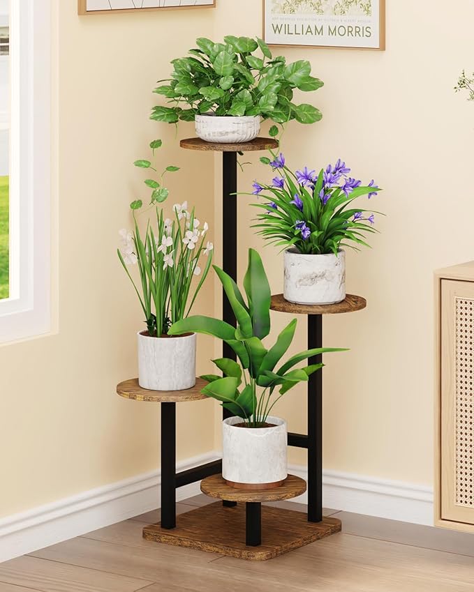 Plant Stand Indoor - 4 Tiered Indoor Plant Stand, Metal Plant Shelf Plant Holder, Ideal for Living Room, Garden, Patio, Balcony (Black Brown)