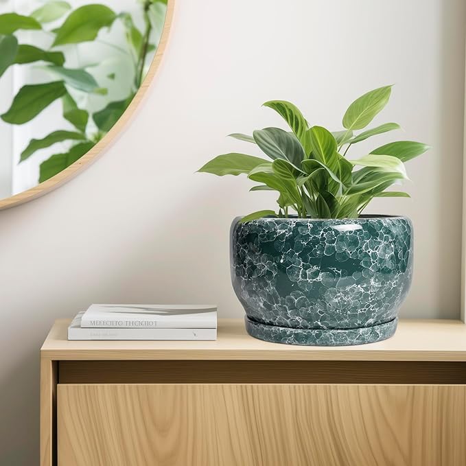 SQOWL 10 Inch Plant Pot - Ceramic Planter for Indoor Plants Outdoor, Large Ceramic Flower Pot with Drainage Hole and Saucer, Decorative Round Planter, Living Room Decor, Gifts for Women Men, Green