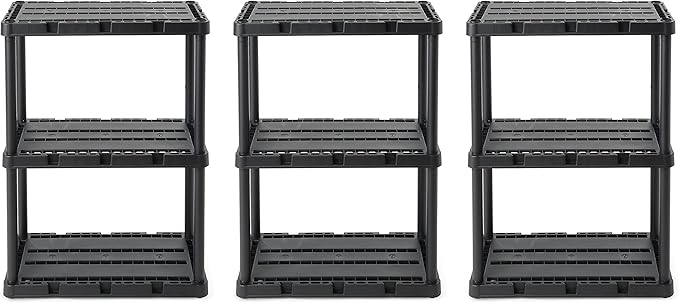 Gracious Living 3 Pack Light Duty Storage Shelves, Knect-A-Shelf 3-Shelf Ventilated Shelving Rack Organizer for Home, Garage, Basement, Laundry, Black
