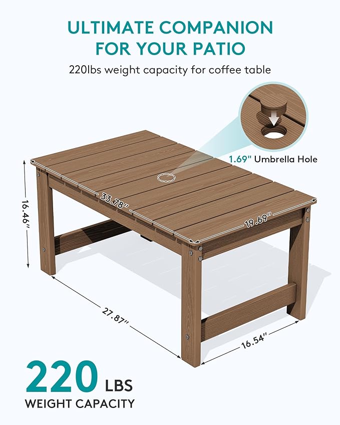 SERWALL Outdoor Coffee Table with 9FT Umbrella, HDPE Patio Coffee Table for Outside, Rectangle, Brown(Not Include Umbrella Base)