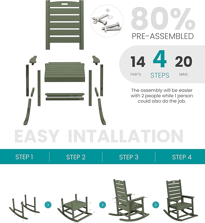 SERWALL Outdoor Rocking Chair Set of 4, Oversized HDPE Patio Rocking Chair with Footrest for Adults, All Weather Porch Rocker for Deck Patio Balcony, Avocado Green