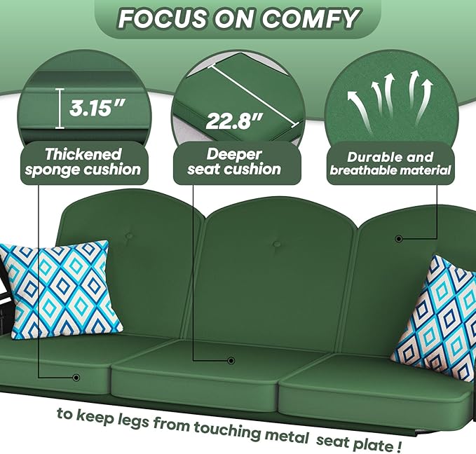 3 Seat Outdoor Porch Patio Swing with Stand 800lbs 2-in-1 Convertible Swing Bed with Adjustable Canopy & Removable Cushion for Yard Garden Deck (Green, Round Tube)