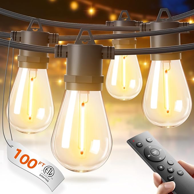 addlon 100FT LED Outdoor String Lights with Edison Shatterproof Bulbs, Heavy-Duty and Weatherproof Strand, Commercial Grade Patio Lights, Decorative for Garden or Patio, Black