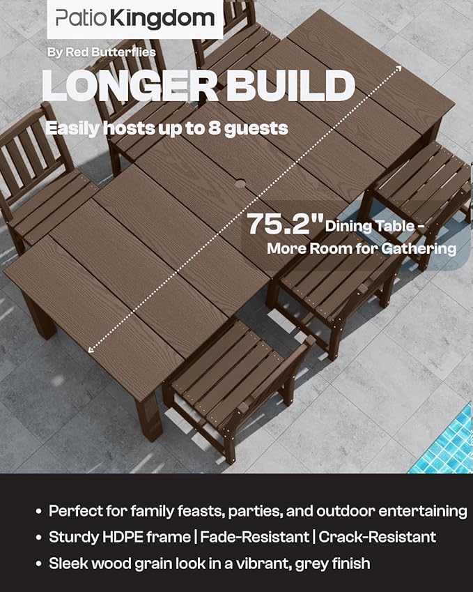 9-Piece Outdoor Dining Set for 8, 75.2'' HDPE Table with Umbrella Hole & Chairs, Weather-Resistant Patio Furniture for Lawn, Yard, Balcony, Deck (Brown)