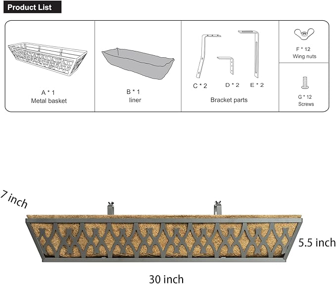 2 Pack 30 Inch Window Boxes Planters Railing Planter Box with Adjustable Brackets for Porch Fence Patio Balcony Hanging Flower Baskets with Coco Liners for Outdoor Garden Decor - Dark Grey