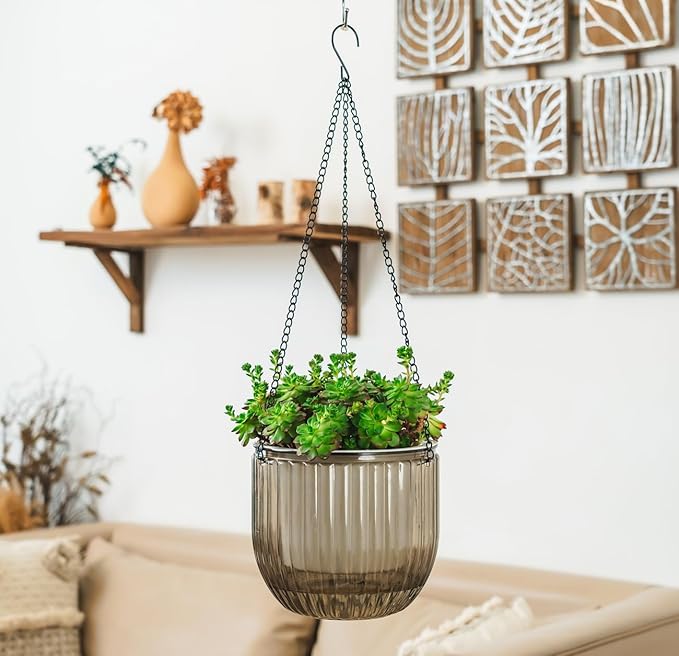 Melphoe Self Watering Hanging Planters for Indoor, 1 Pack 8.3 Inch Outdoor Hanging Plant Pot Basket, 2 Kinds of Plant Hangers Macrame 35.5’’ & Metal Chain 19.6’’ for Garden Home Decor