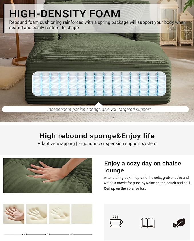 50 Inch Oversized Chaise Lounge Chair Indoor, Corduroy Upholstered Boneless Sofa Bed, Deep Seat Sleeper Couch Reading Chairs, Cloud Sofas Couches for Living Room, No Assembly Required, Olive Green