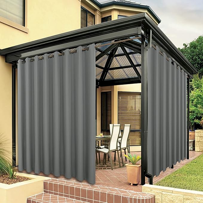 BONZER Waterproof Indoor/Outdoor Curtains for Patio Thick Privacy Extra Wide Grommet Curtains for Bedroom, Living Room, Porch, Pergola, Cabana, 1 Panel, 150W x 84L inch, Grey