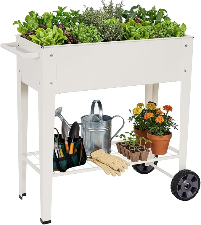 Elevated 32" Tall Raised Garden Bed with Legs and Wheels for Mobility, Metal Planter Boxes Outdoor with Shelf, Raised Bed for Gardening Vegetables/Herbs, Backyard, Patio, Balcony, White
