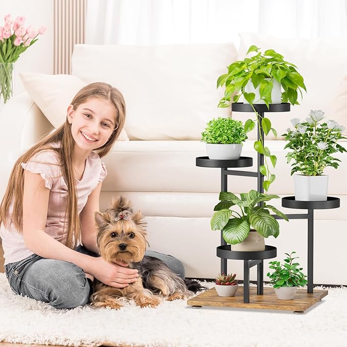 iDavosic.ly 4 Tier Plant Stand Indoor, Tiered Corner Flower Holder Shelf Outdoor, Metal Tall Orchid Display Rack for Patio Porch Garden Balcony Office Living Room, Modern Black & Rustic Brown