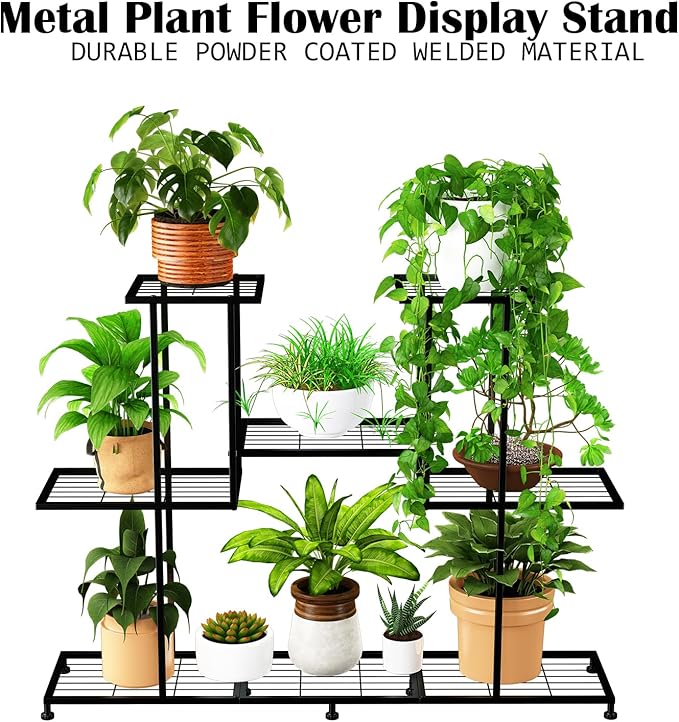 Twhep Metal Plant Stand, 5 Tiers Multifunctional Plant Stands for Indoor Plants, Decorative Black Steel Plant Shelf for Indoor Patio Garden Balcony and Yard (4 tiers 12 pots)