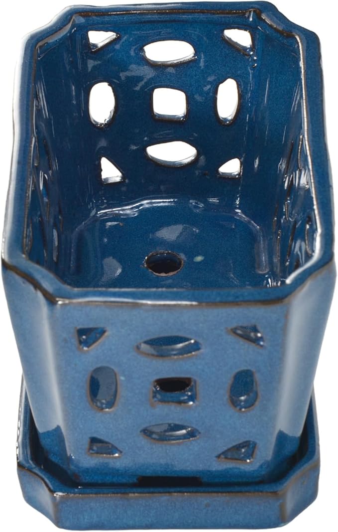 W&W Orchid Pot with Holes and Saucer for Repotting, Blue, 9.7 Inch