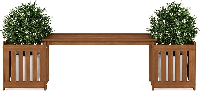 FURINNO FG19455 Tioman Hardwood Outdoor Lifestyle Flowerbox with Bench, Natural