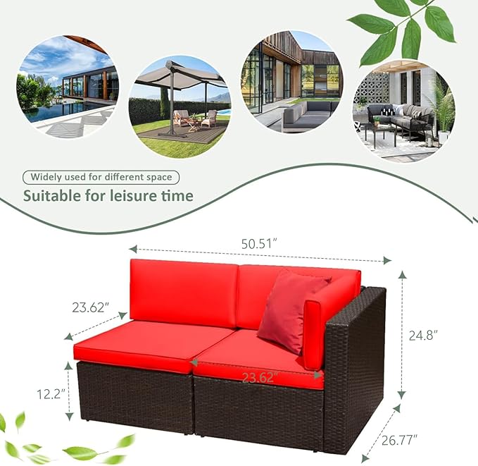 Devoko 2-Piece Modern Red Rattan & Metal Patio Sofa Set - Sectional Corner Sofa & Armless Sofa