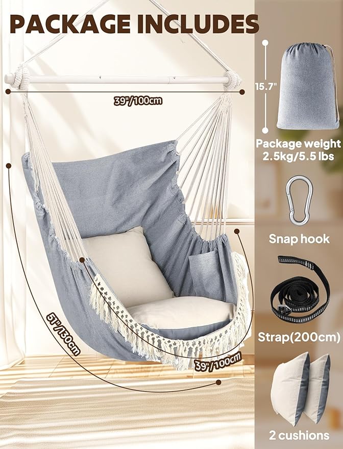 Chihee Hammock Chair Hanging Swing Max 500 Lbs 2 Cushions Included Metal Spreader Bar with Anti-Slip Grooves Portable Hanging Chair Side Pocket Large Macrame Bohemian Chair Indoor Outdoor