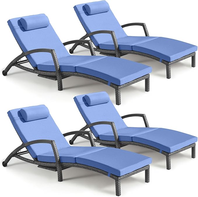 Chaise Lounge Chairs Outdoor Set of 4, Comfy Outside Wicker Patio Pool Lounge Chair w/ 5 Adjustable Back Angle, Cup Holder, Thicken Cushion