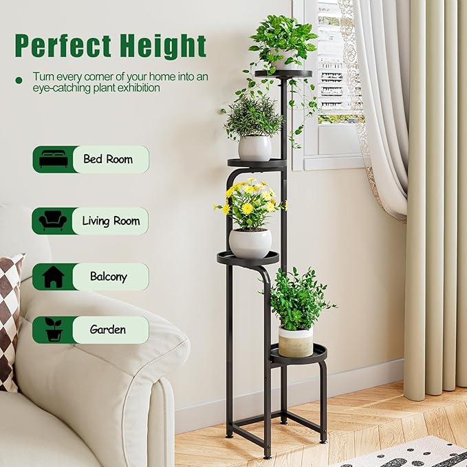 Plant Stand Indoor Outdoor 4 Tier Metal Plant Shelf for Multiple Plants Corner Flower Holders for Living Room Balcony Bedroom Patio Garden, Black (Black, 4-Tier)