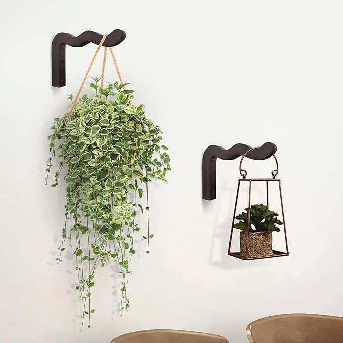 Wavy Plant Hanger Hooks – 2 Pack Rustic Wooden Wall Mounts for Indoor/Outdoor Use, Ideal for Hanging Baskets, Lanterns, and Bird Feeders – Decorative Brackets for Patio and Balcony
