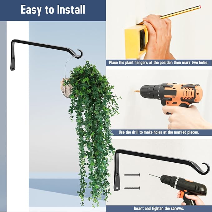 FEED GARDEN 2 Pack 12 Inch Hanging Plant Bracket Wall Hooks Decorative Plant Hangers for Outdoor Hanging Bird Feeders, Wind Chimes, Plant Baskets, Black