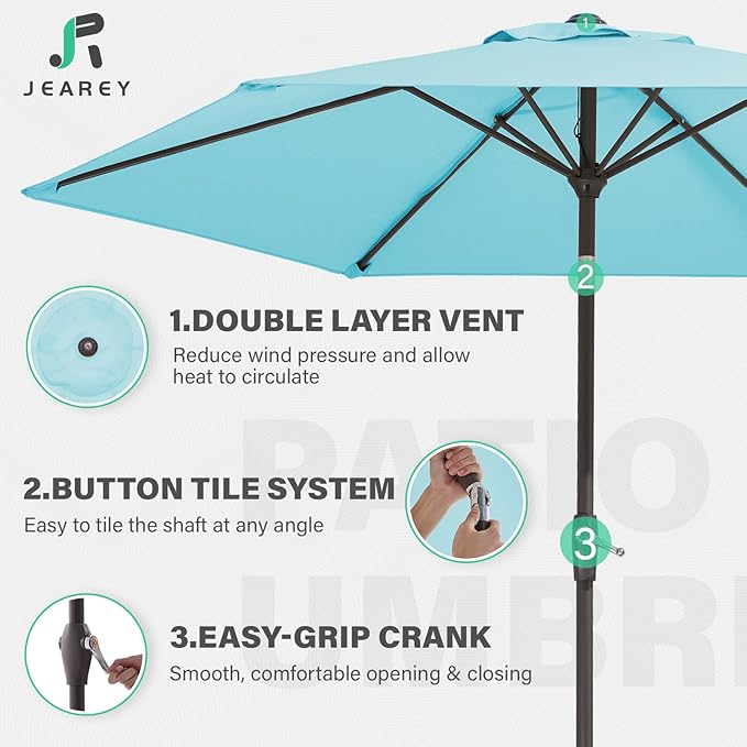JEAREY 7.5FT Patio Umbrella Outdoor Market Umbrella with 6 Sturdy Ribs, Push Button Tilt/Crank Table Umbrella for Garden, Deck, Backyard and Pool, Baby Blue