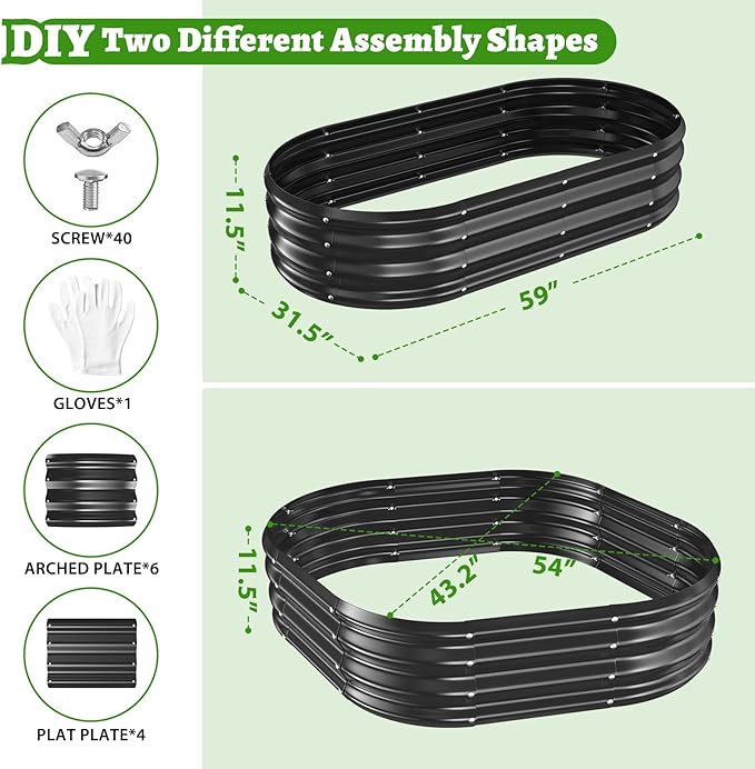 Oval Galvanized Planter Box, Metal Raised Garden Bed - 0.8MM Thick- Ideal for Outdoor Gardening and Planting of Vegetables Flowers Fruits Succulent Plants and Others (Black, 5X2.7X1 FT)