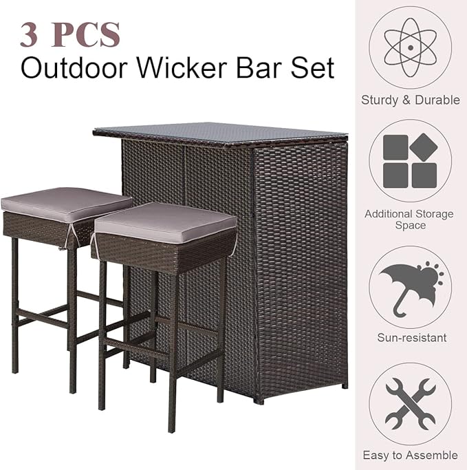 Tangkula Patio Bar Set, 3 Piece Outdoor Rattan Wicker Bar Set with 2 Cushions Stools & Glass Top Table, Gray & Off White Cover, Outdoor Furniture Set for Patio Backyard Porch Garden Poolside