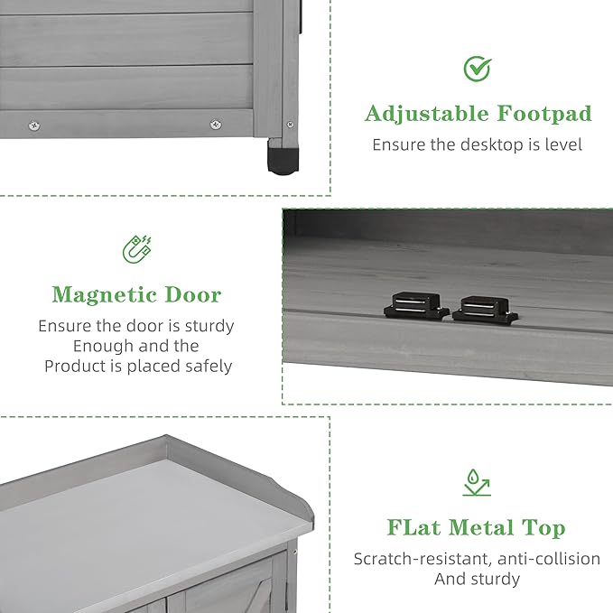 Outdoor Potting Bench with Storage Cabinet and Metal Top, Wood Workstation for Outdoor Patio, Garden (Classic Grey, 31.5x17x39‘’)