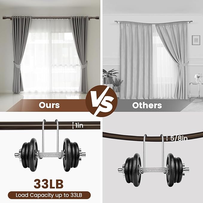 2 PACK 1” Diameter brown curtain rod Itself is 30 to 60 inch. 1 Pack Fits 30-54 inch Windows with Heavy Duty Adjustable brown curtain rods Splicing Metal Extra Long Curtain Rod