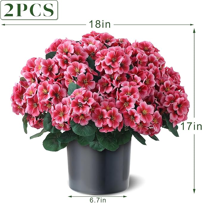 2 Pack Artificial Geranium Flowers Topitary Trees for Outdoors, UV Resistant Geraniums Potted Bushes Look Real Silk Faux Plants for Front Door Garden Porch Planter Farmhouse Home Decor (Peach Red)
