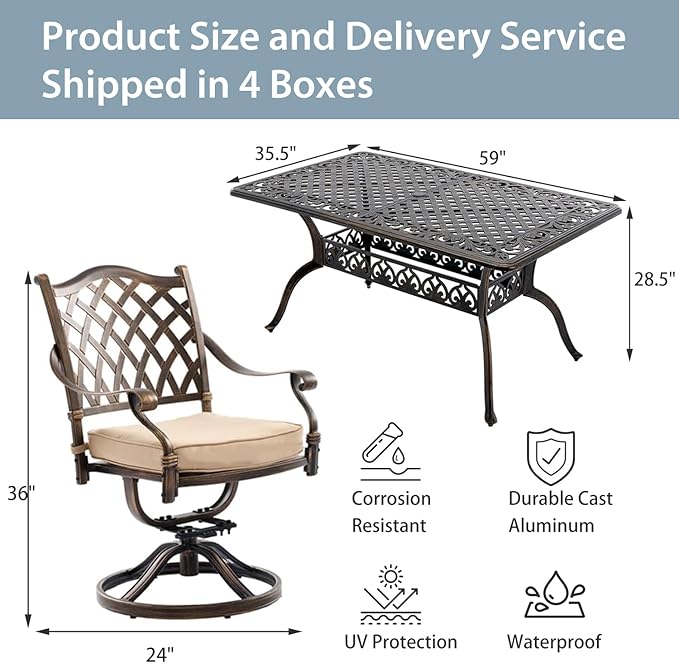 7-Piece Cast Aluminum Patio Furniture, Patio Dining Set for 6 Include 59" Rectangular Outdoor Dining Table and 6 Swivel Chairs with Cushions & Umbrella Hole(Bronze)