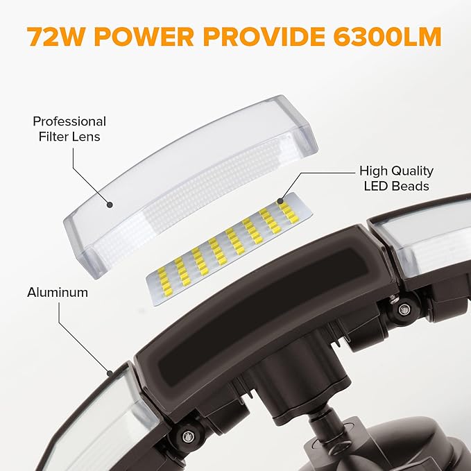 LUTEC 2 Pack 72W 7500LM LED Security Lights Motion Sensor Light Outdoor, 5000K Daylight, IP65 Waterproof, Dusk to Dawn, 3-Head Motion Detected Flood Light for Garage, Yard, Porch(Brown)