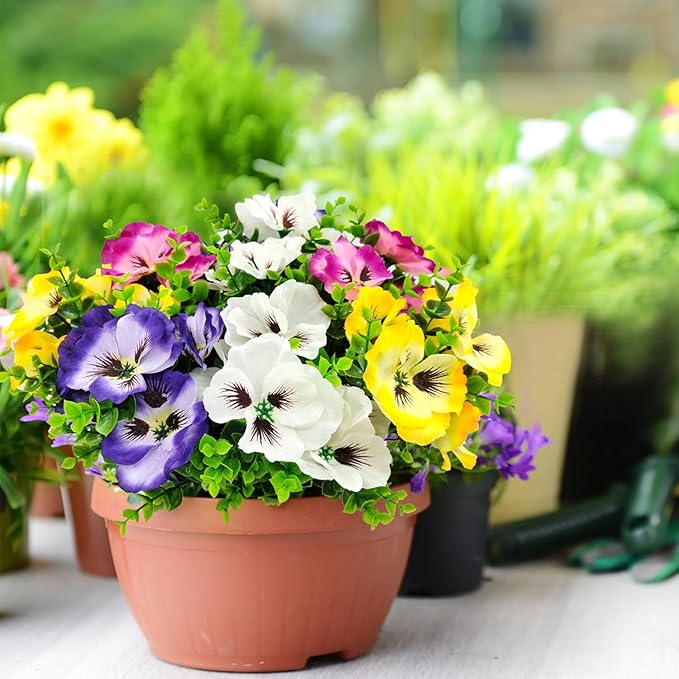 Pansies Artificial Flowers for Outdoors UV Resistant 12 Bundles Silk Pansy Plastic Fake Plants Flowers for Home Outside Garden Window Box Patio Planter Porch Decor (Mixed Color1)