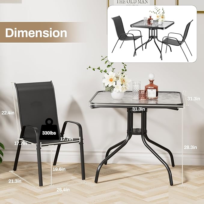 TLSUNNY Patio Dining Set 5 Pieces, All Weather Outdoor Furniture W/30"X 30" Table and 4 Stackable Textilene Chairs, Metal Table and Chairs for Lawn, Garden, Poolside, Backyard (Umbrella not Included)