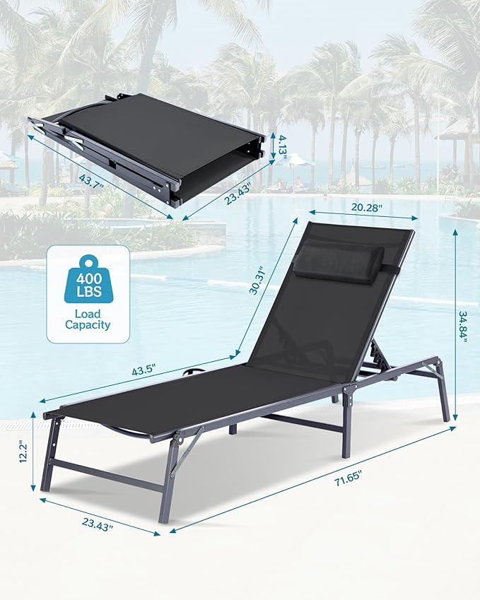 2 Pack Foldable Chaise Lounge Chair with Cup Holder, Assemble-Free Outdoor Lounge Chair with Detachable Pillow and 6 Adjustable Backrest, Patio Lounge Chair for Outside Poolside Beach Pool, Black