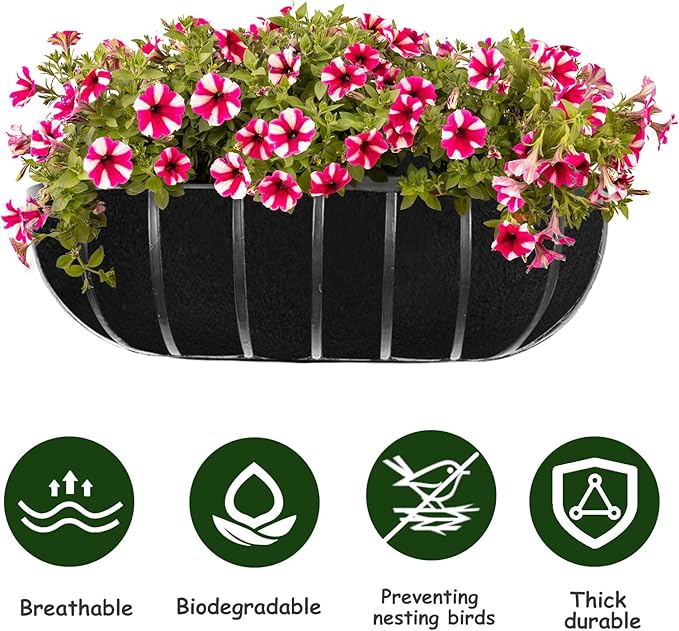 3PCS 24 Inch Planter Basket Liners Fabric Window Box Liners Felt Trough Planter Liner Replacement Black Flower Basket Liner Non-Woven Hanging Plant Liner for Planters Garden Fence - Avoid Bird Nesting