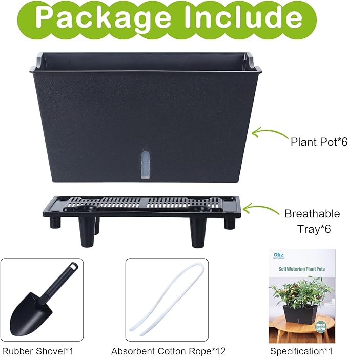 Window Box Planter 6 Pcs, 12.1 Inches Self Watering Plant Pots Rectangle Flower Pots with Drainage Holes and Breathable Trays, Vegetable Planters for Windowsill Patio Garden Balcony Porch Yard (Black)