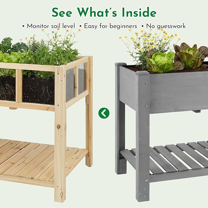 Raised Garden Bed with Transparent Acrylic Panels, Elevated Wooden Raised Garden Bed Planter, Fir Wood Outdoor Planter Box for Herbs, Flowers & Patio Balcony Gardening (Natural)