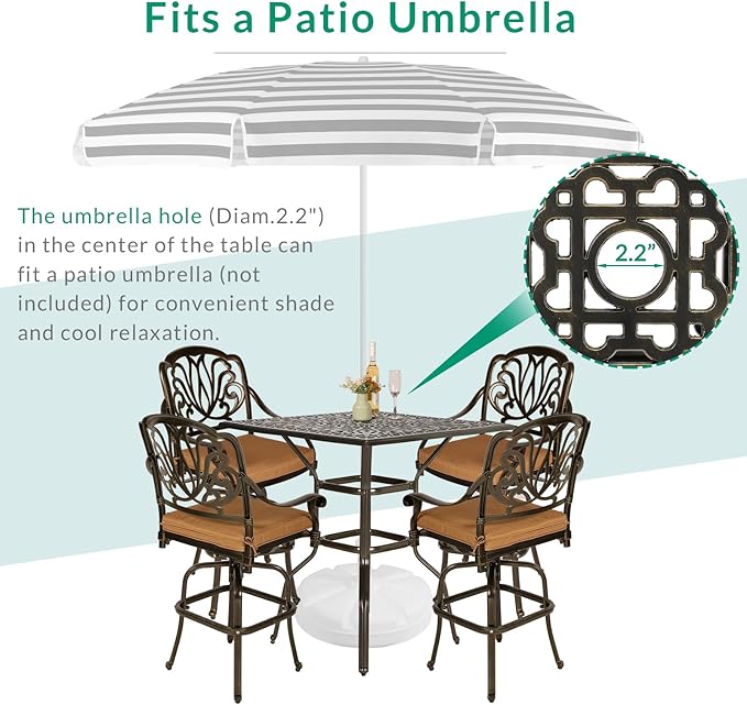 VIVIJASON 5-Piece Bar Height Patio Dining Set, All Weather Cast Aluminum Outdoor Table and Chairs Set with 4 Swivel Bar Stools, Cushions & 35.4" High Bar Table w/Umbrella Hole for Deck, Lawn, Garden