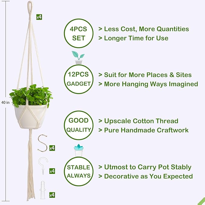 Macrame Plant Hangers Indoor Macrame,4 Pack Hanging Planter Holder for Window,Ceiling Crochet Handmade Boho Home Decor Set for Hanging Plants Basket Pot,Ivory