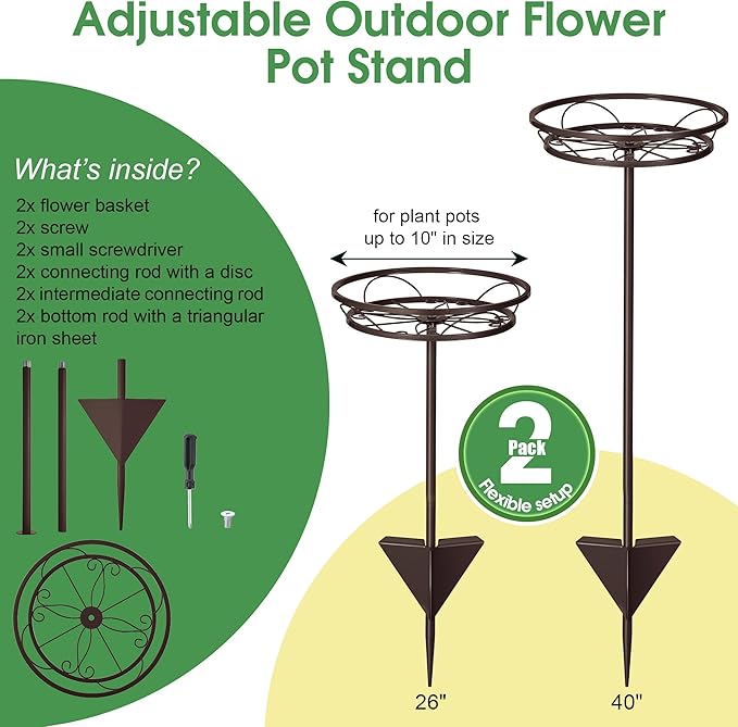 Tellingyou 2 Pack Adjustable Outdoor Flower Pot Stand, Metal Outdoor Plant Stands, Spring Summer Versatile Plant Stand Garden Stake for Display Plants, Elegant Solution for Landscaping Decor (Brown)