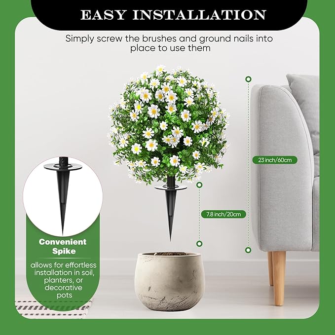 Artificial Topiary Bushes for Outdoors with Spike, Boxwood Ball Fake Shrubs UV Resistant Faux Plants for Indoor Outdoor Fall Thanksgiving Halloween Decor (Sunflower Boxwood White -2 Packs)