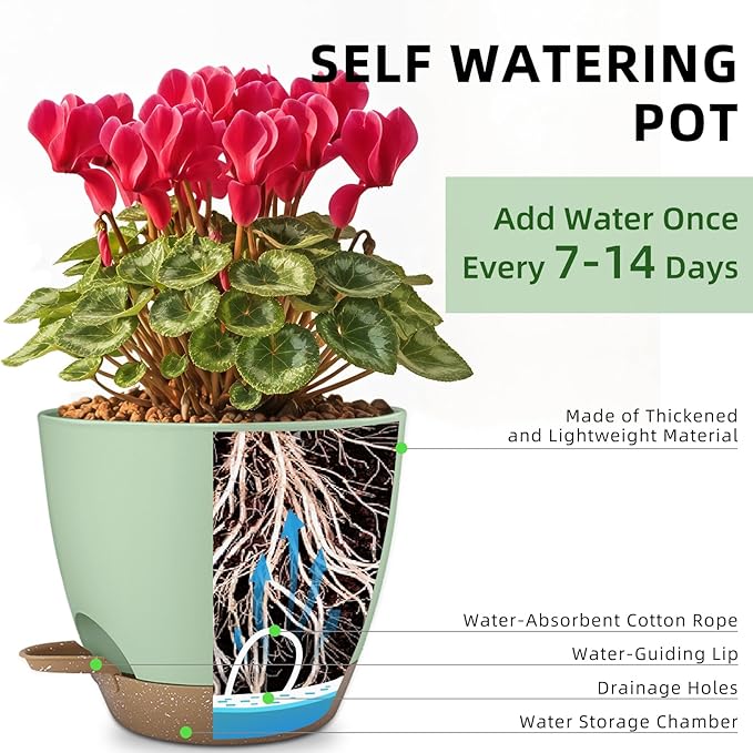 Plant Pots 8/7.5/7/6.5/6 Inch Self Watering Pots,5 Pack Planters with Drainage Holes and Saucers,Plastic Flower Pots,Nursery Planters for Indoor Outdoor Plants (Green)