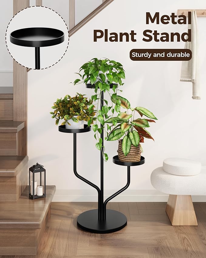 Bamworld 3 Tier Plant Stand Indoor Outdoor Metal Plant Shelf for Multiple Plants Pots Tier Tall Flower Holder for Living Room,Bedroom Decor,Balcony,Black